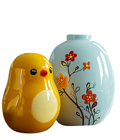 Golden Blossom Ceramic Vase & Chick Figurine Set